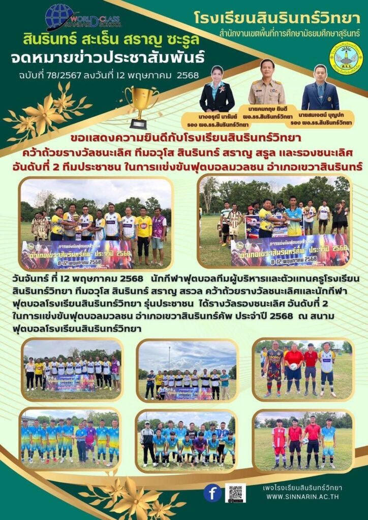 12 พฤษภาคม 2568 ขอแสดงความยินดีกับโรงเรียนสินรินทร์วิทยา คว้ารางวัลชนะเลิศ ทีมสินรินทร์ สราญ สะรุล